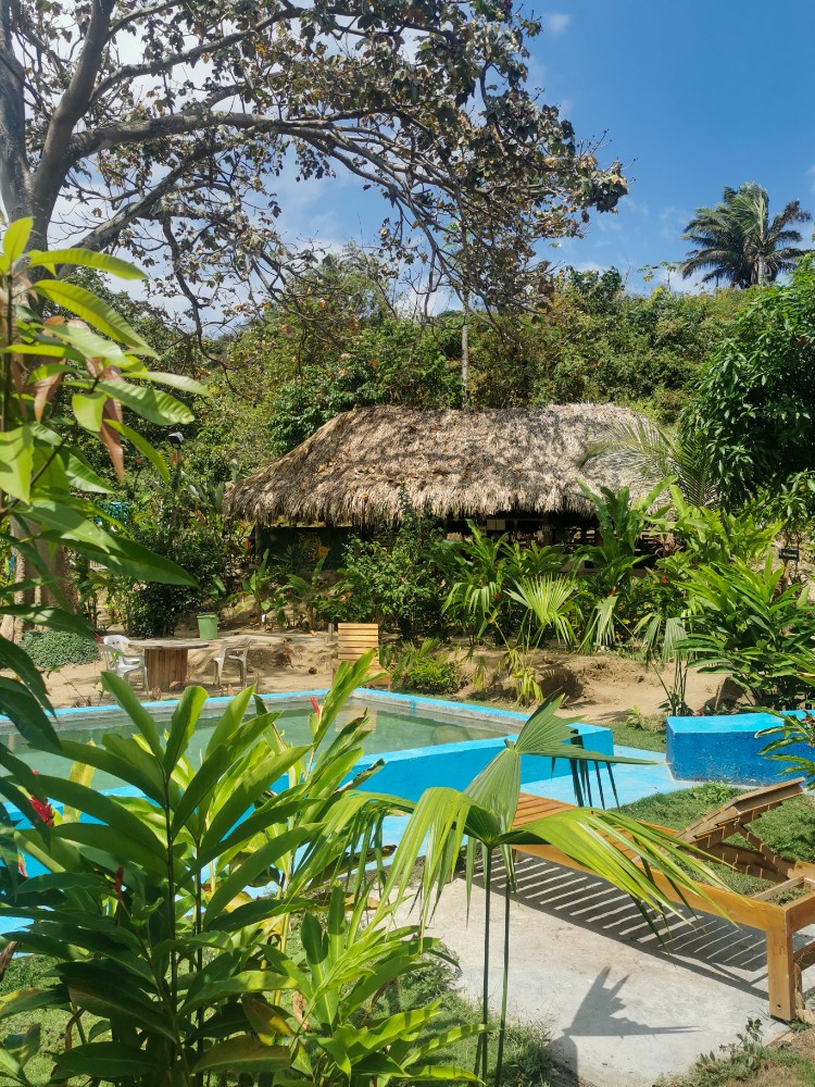 Der schöne Pool mit dem Restaurant im Hintergrund
