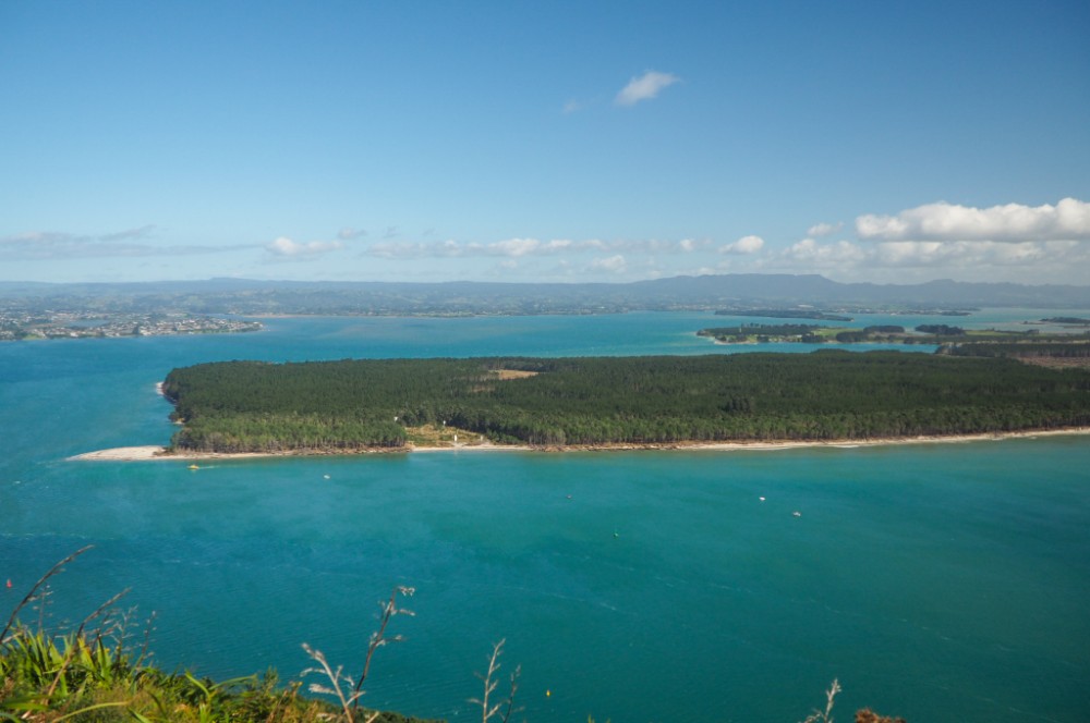 Im Hintergrund unser Ziel für heute, die Coromandel Halbinsel