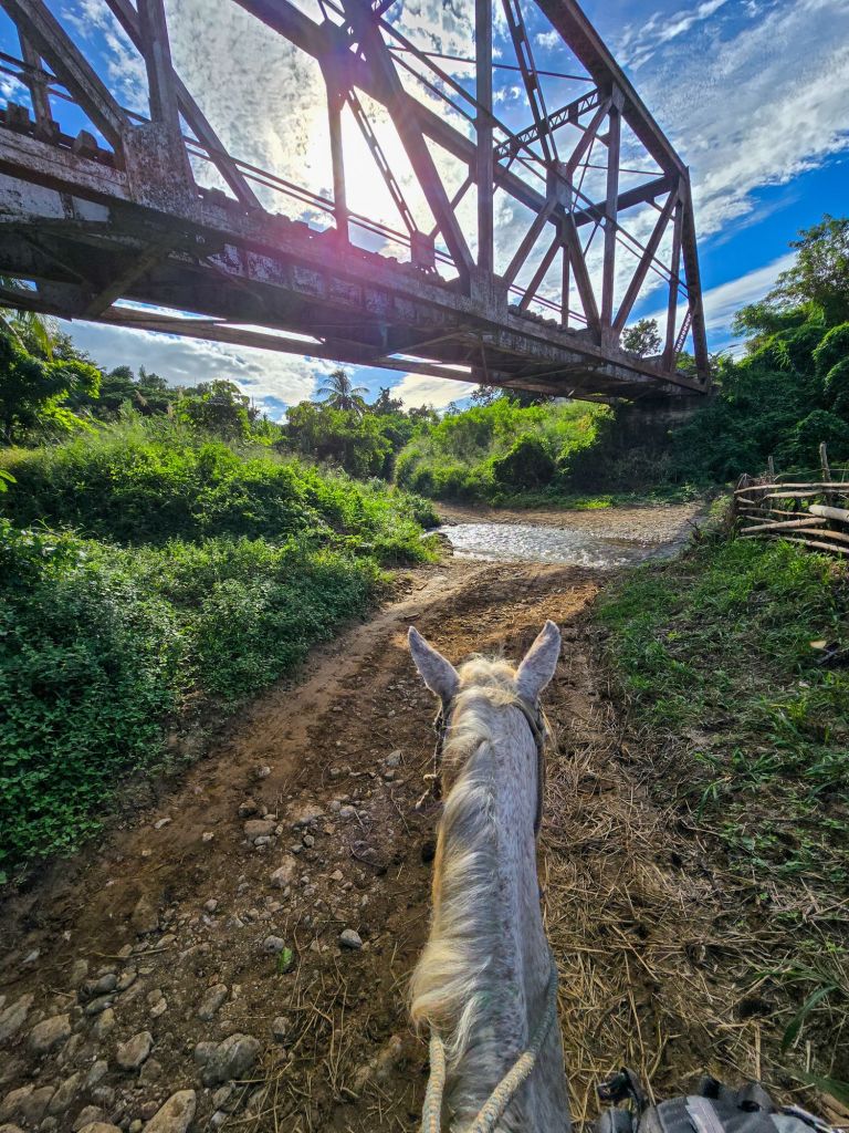 Durch den Fluss und unter der Eisenbahnbrücke durch